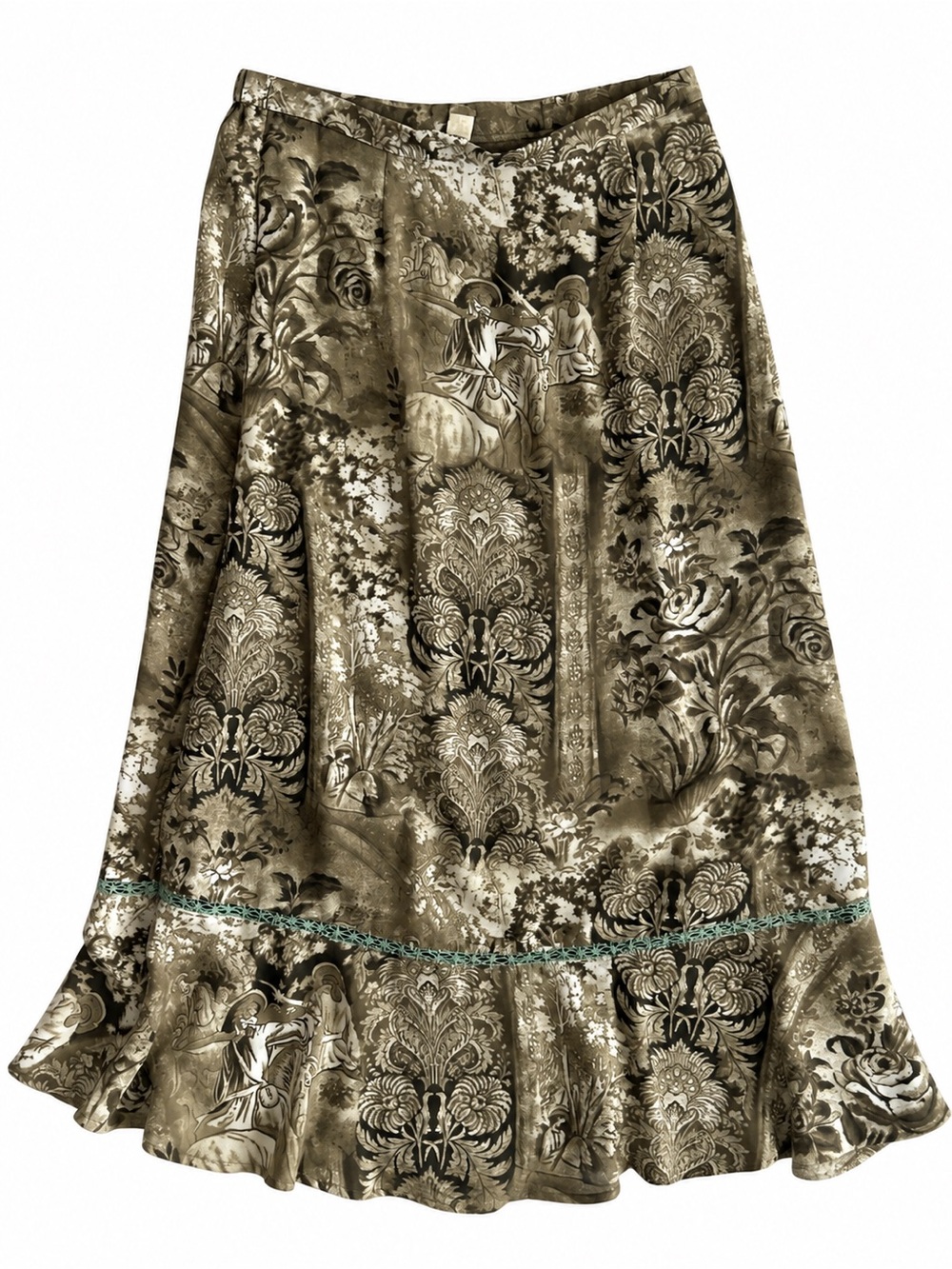 Vintage Sag Harbor Toile Print Maxi Skirt Size 10 Olive Brown Boho Cottagecore